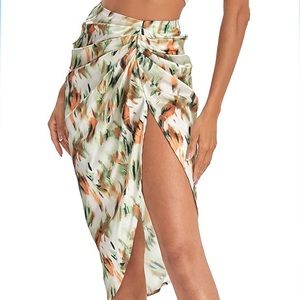 Floerns Satin Ruched Floral Print High Slit Midi Skirt size Large